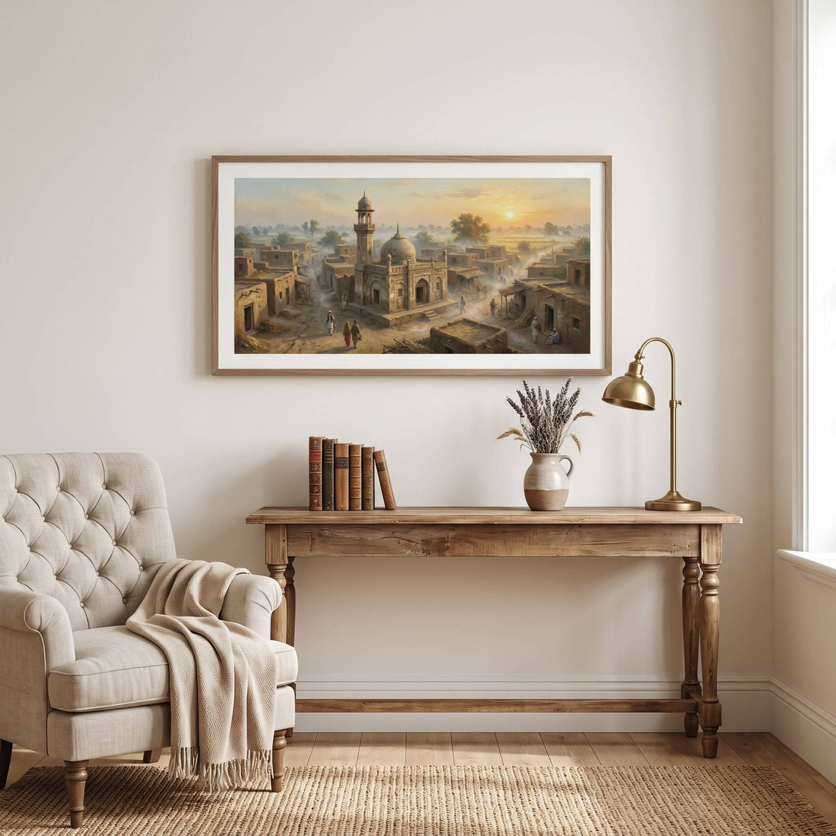 Vintage painting of a domed mosque and minaret glowing in golden sunset light — framed vintage painting.