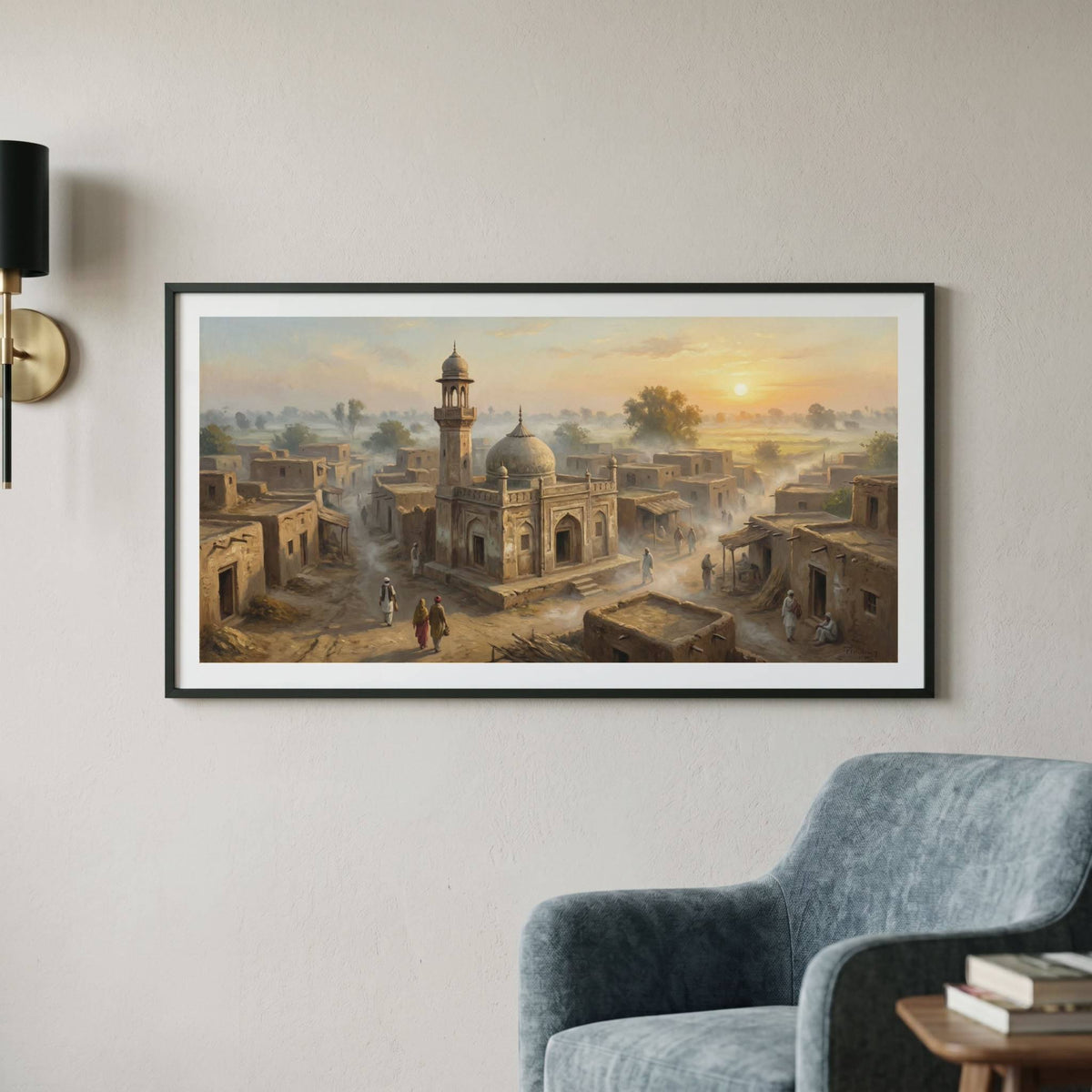 Vintage painting of a domed mosque and minaret glowing in golden sunset light — framed vintage painting.