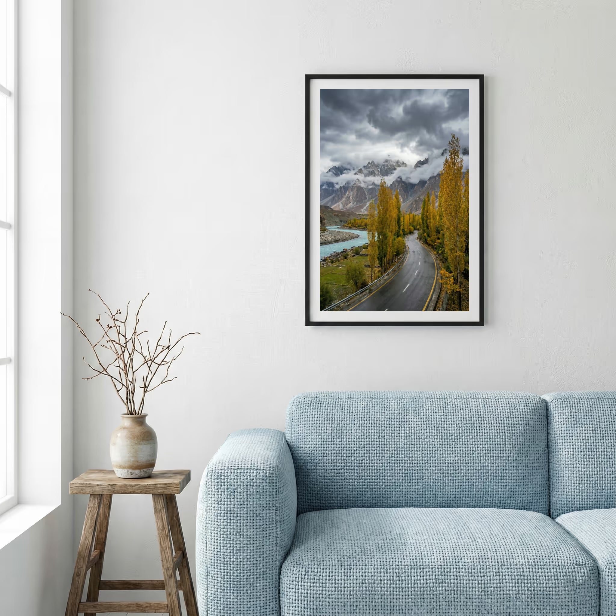 Dramatic sunset over snow-capped peaks above a red-gold valley and turquoise river — framed canvas wall art in a wooden frame, 16×24 in