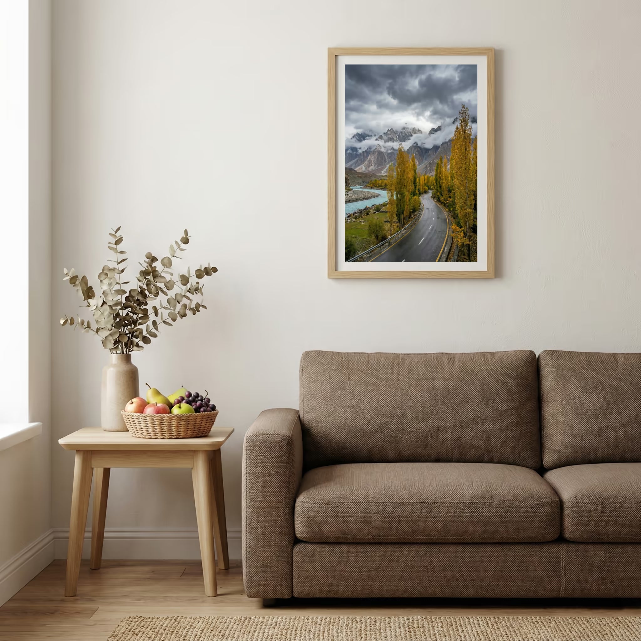 Dramatic sunset over snow-capped peaks above a red-gold valley and turquoise river — wooden-frame wall art print, 20×30 in