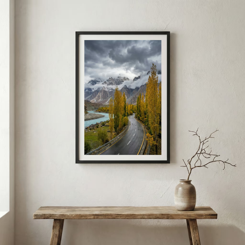 Dramatic sunset over snow-capped peaks above a red-gold valley and turquoise river — wooden frame canvas wall art print, 12×18 in
