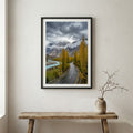 Dramatic sunset over snow-capped peaks above a red-gold valley and turquoise river — wooden frame canvas wall art print, 12×18 in