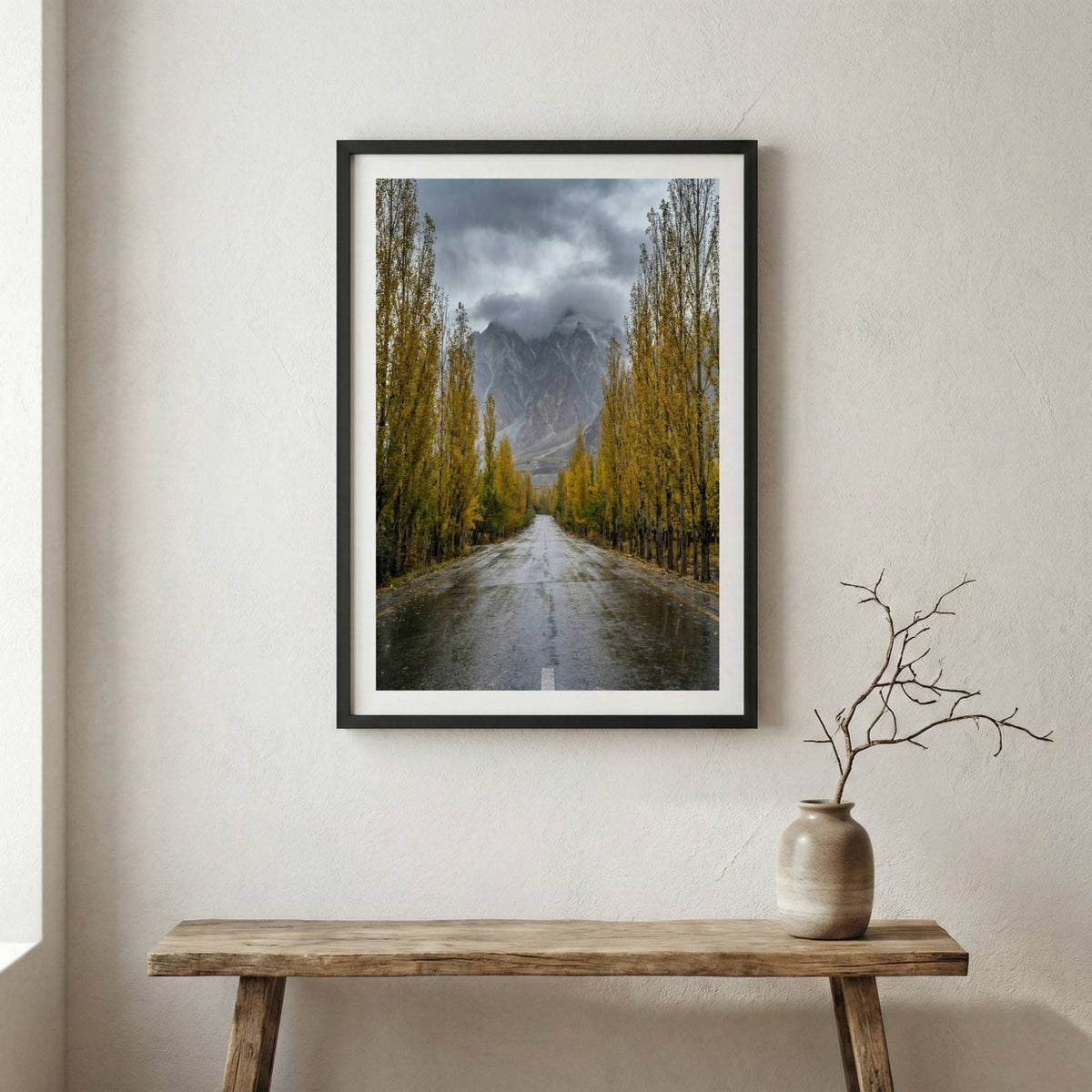 Tall golden poplar trees lining a road that leads toward misty mountains — wooden frame canvas wall art print, 12×18 in