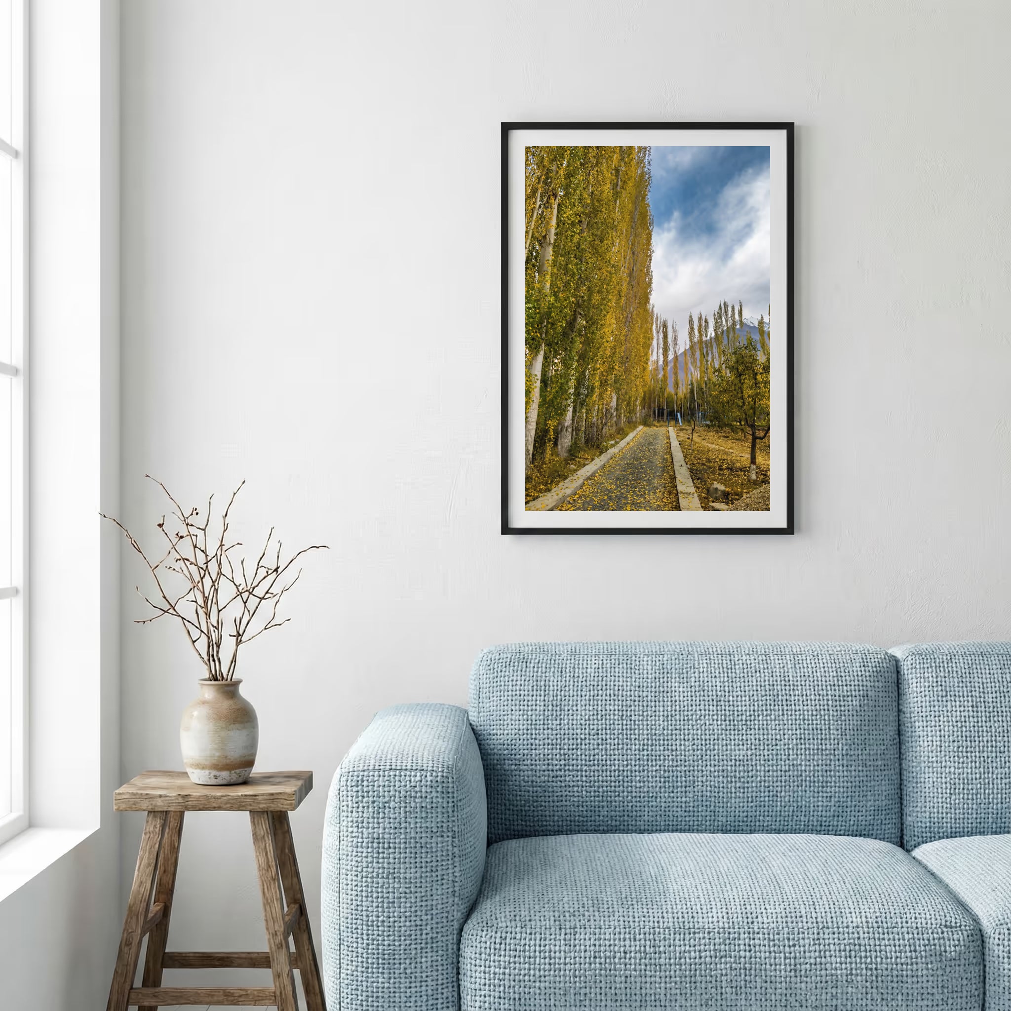 Tall golden poplar trees lining a road that leads toward misty mountains — framed canvas wall art in a wooden frame, 16×24 in