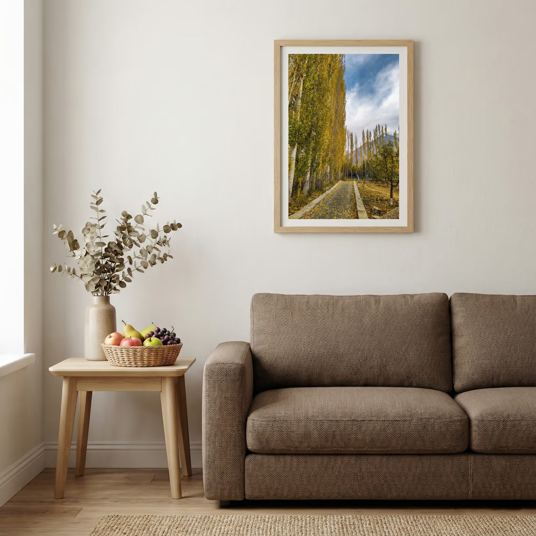 Tall golden poplar trees lining a road that leads toward misty mountains — wooden-frame wall art print, 20×30 in