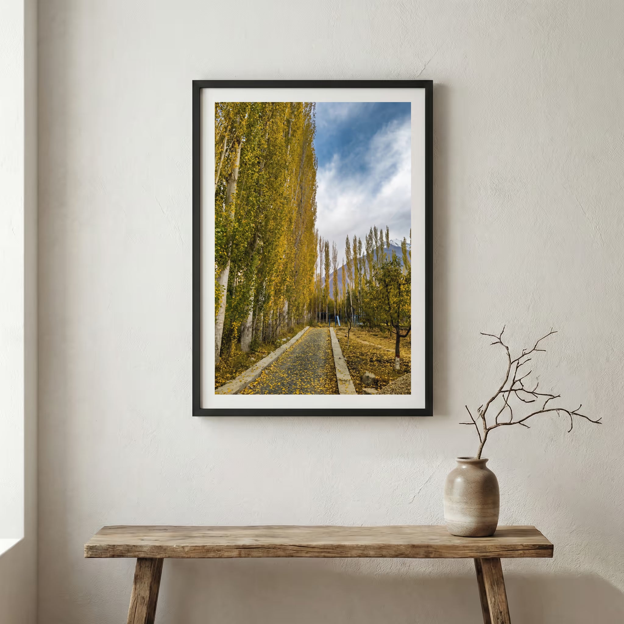 Tall golden poplar trees lining a road that leads toward misty mountains — wooden frame canvas wall art print, 12×18 in