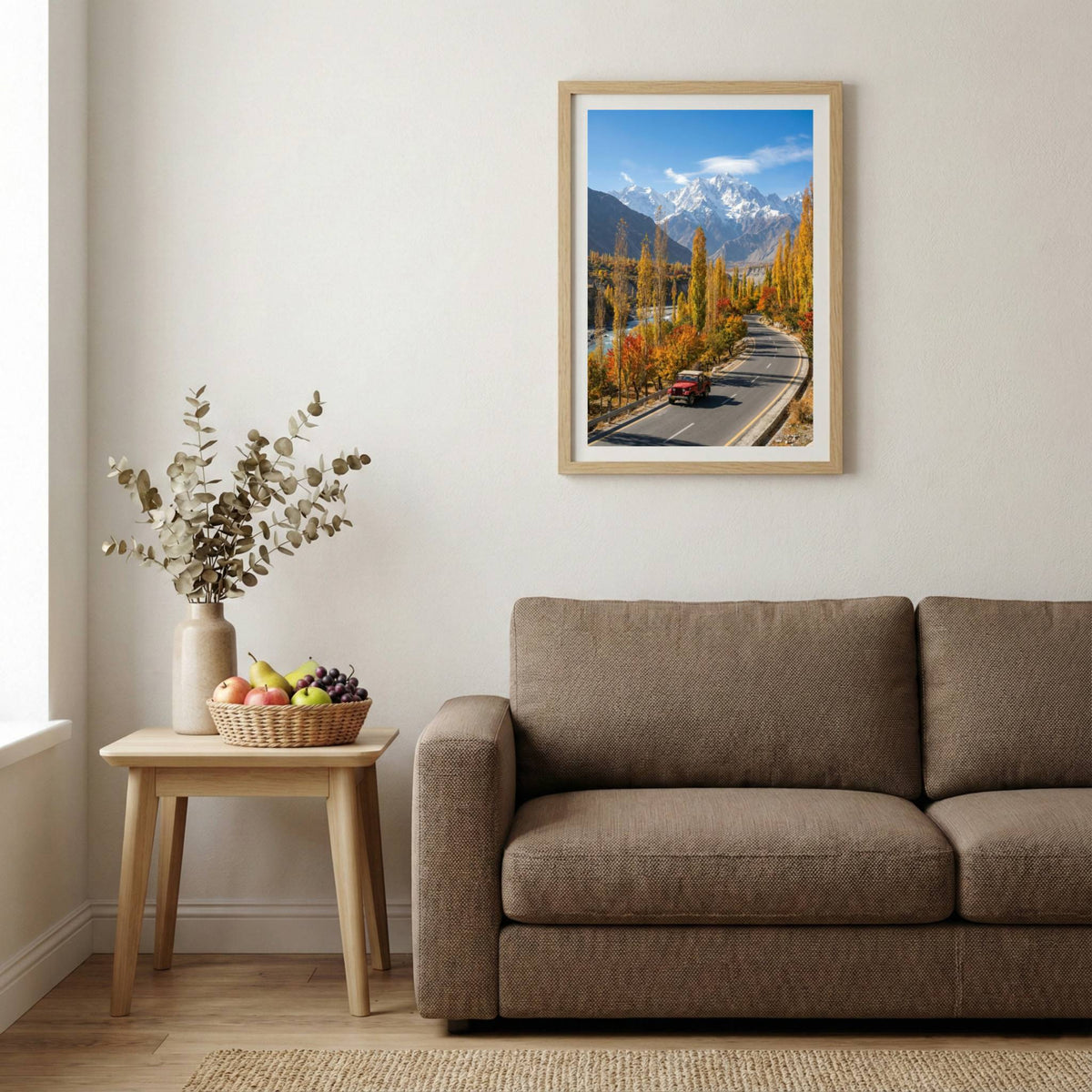 Car driving down a road lined with golden poplar trees toward the mountains — wooden-frame wall art print, 20×30 in
