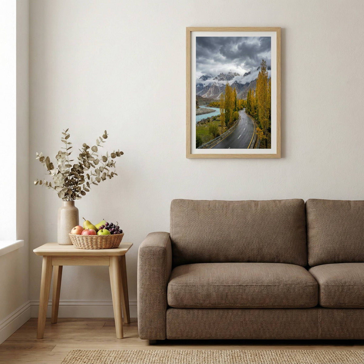 Winding road through golden poplar trees beside a blue river and distant mountains — wooden-frame wall art print, 20×30 in