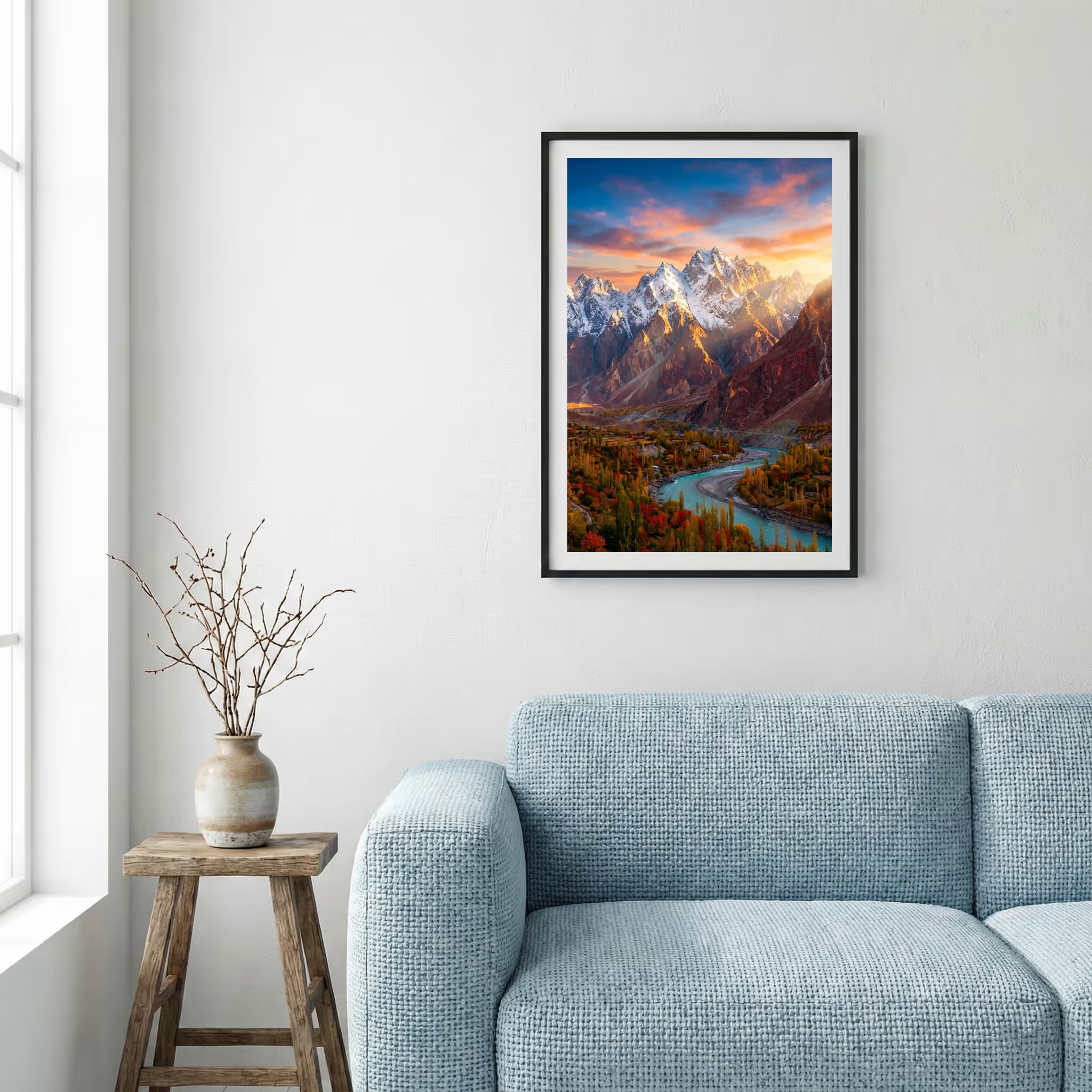 Winding road through golden poplar trees beside a blue river and distant mountains — framed canvas wall art in a wooden frame, 16×24 in