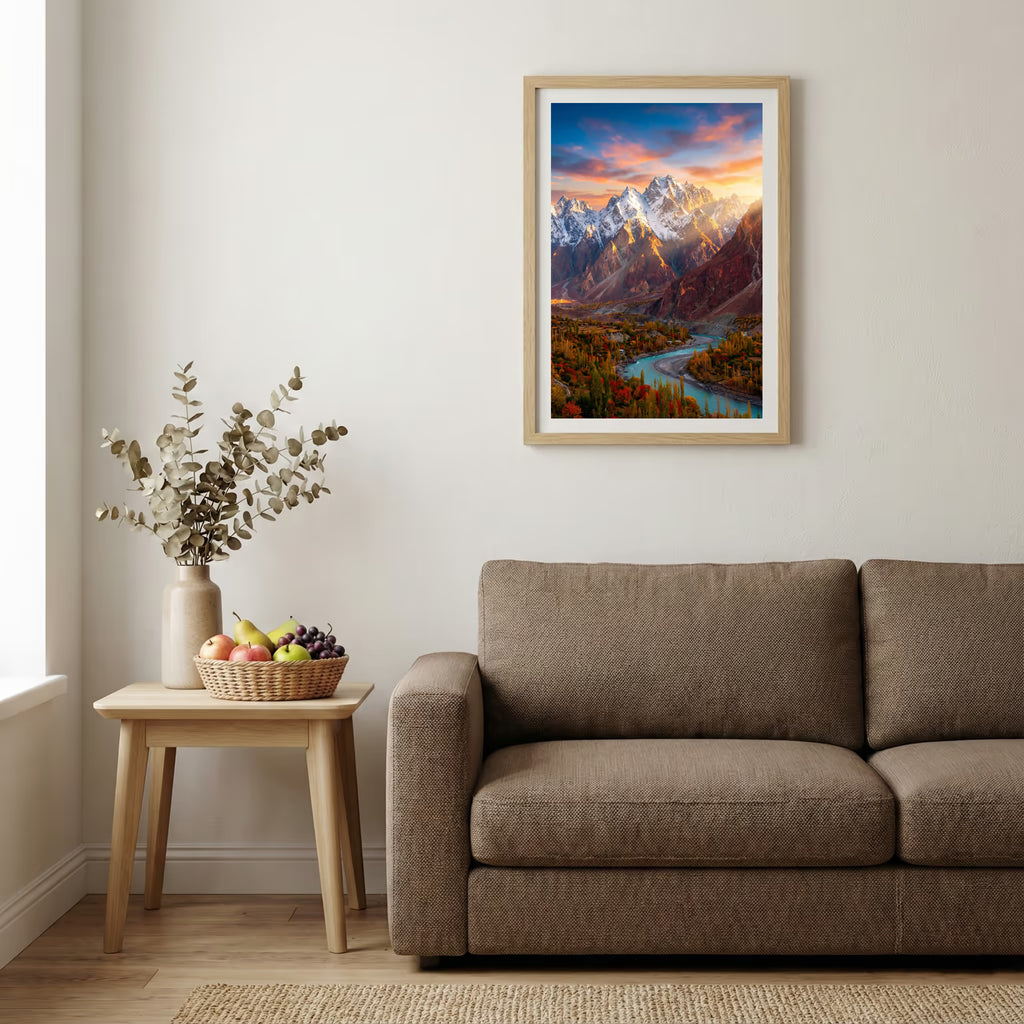 Winding road through golden poplar trees beside a blue river and distant mountains — wooden-frame wall art print, 20×30 in