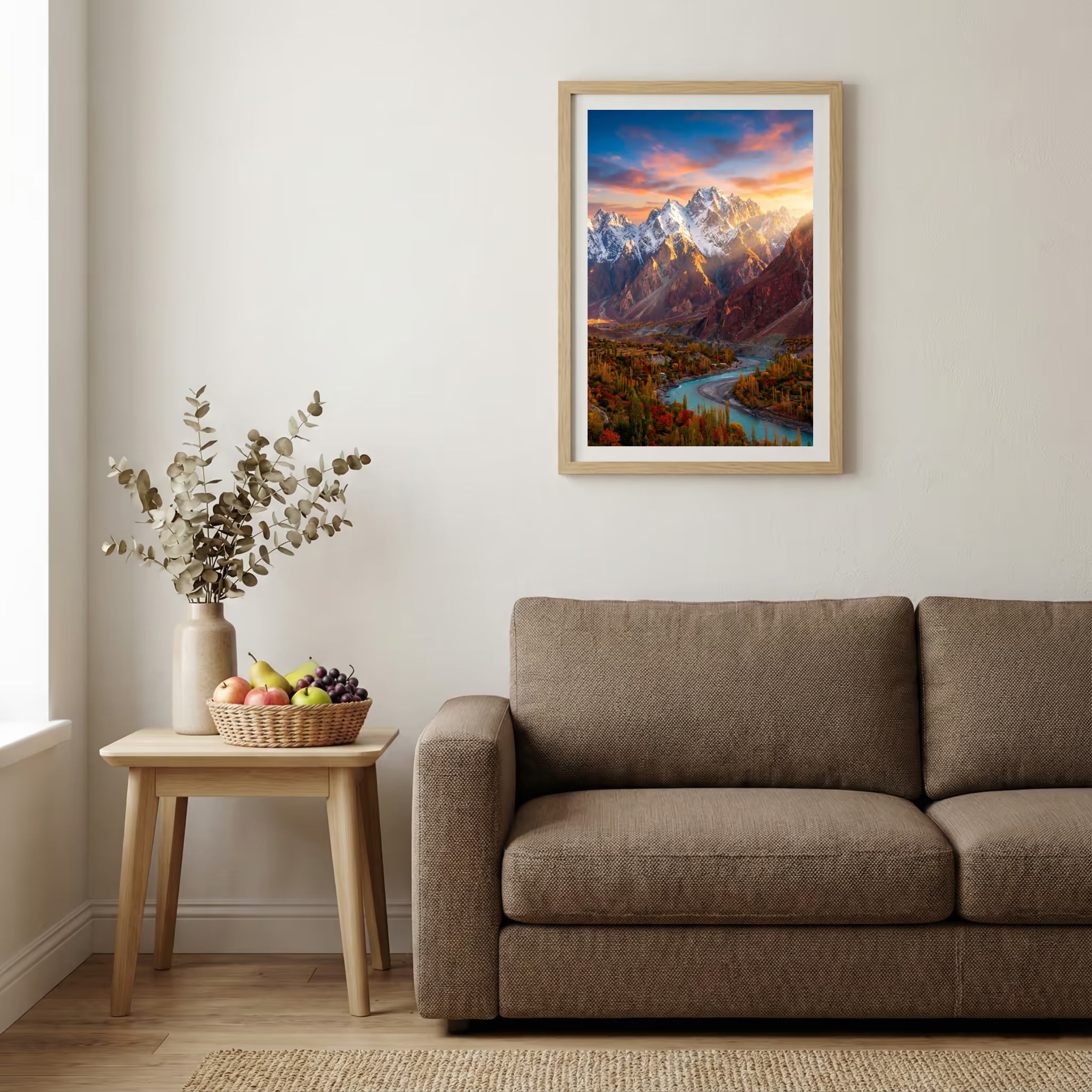 Winding road through golden poplar trees beside a blue river and distant mountains — wooden-frame wall art print, 20×30 in