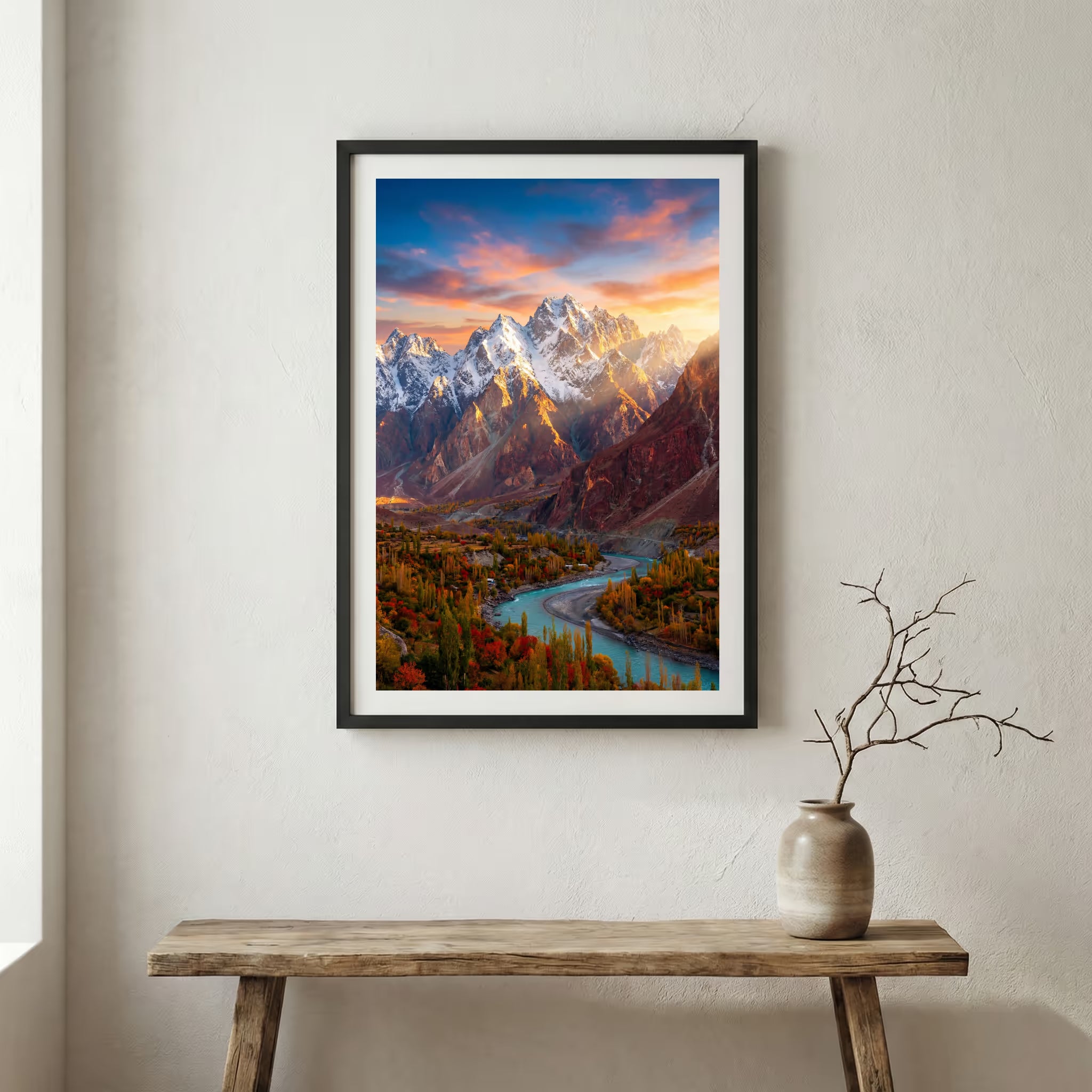 Winding road through golden poplar trees beside a blue river and distant mountains — wooden frame canvas wall art print, 12×18 in