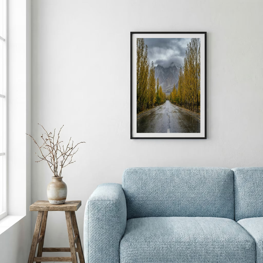 Stone-walled walkway lined with golden poplar trees leading toward the mountains — framed canvas wall art in a wooden frame, 16×24 in