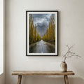 Stone-walled walkway lined with golden poplar trees leading toward the mountains — wooden frame canvas wall art print, 12×18 in