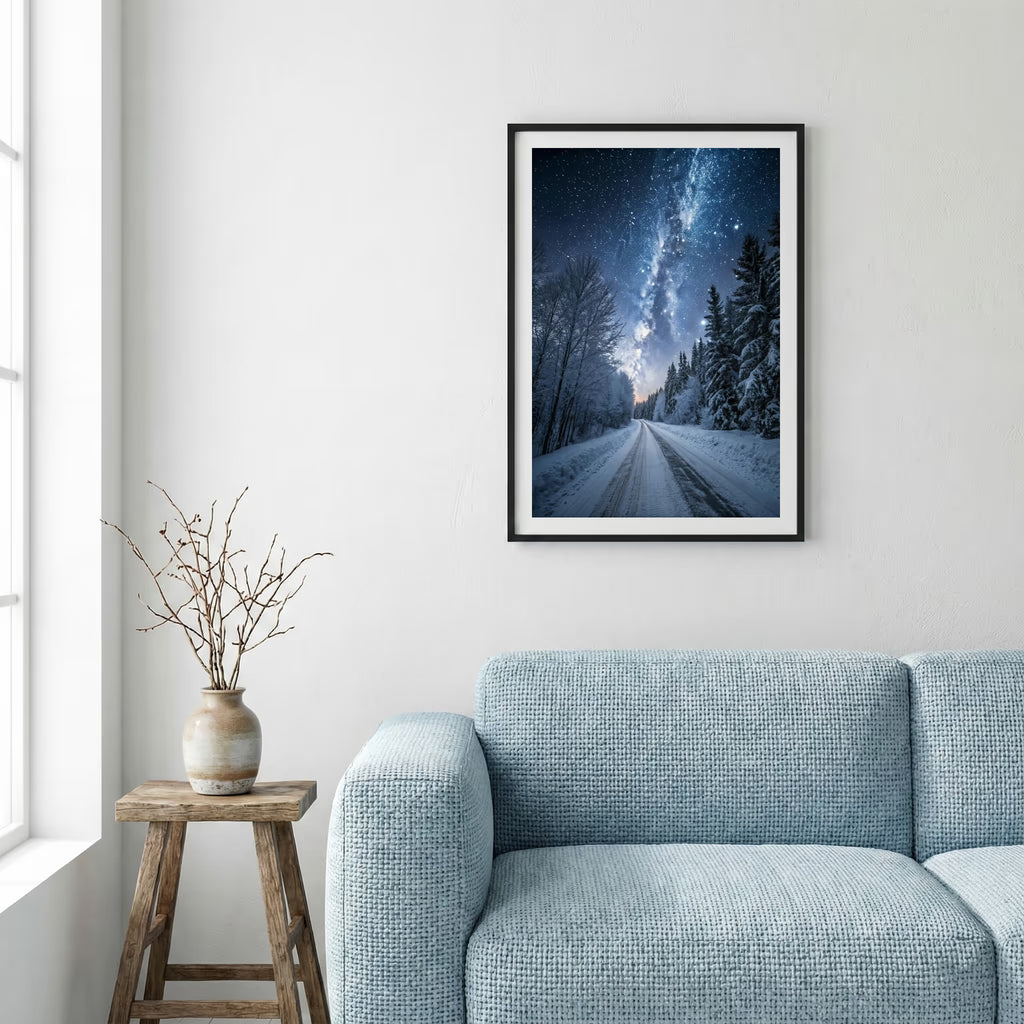 Aerial view of a road through golden trees lit by streaming morning sunbeams — framed canvas wall art in a wooden frame, 16×24 in
