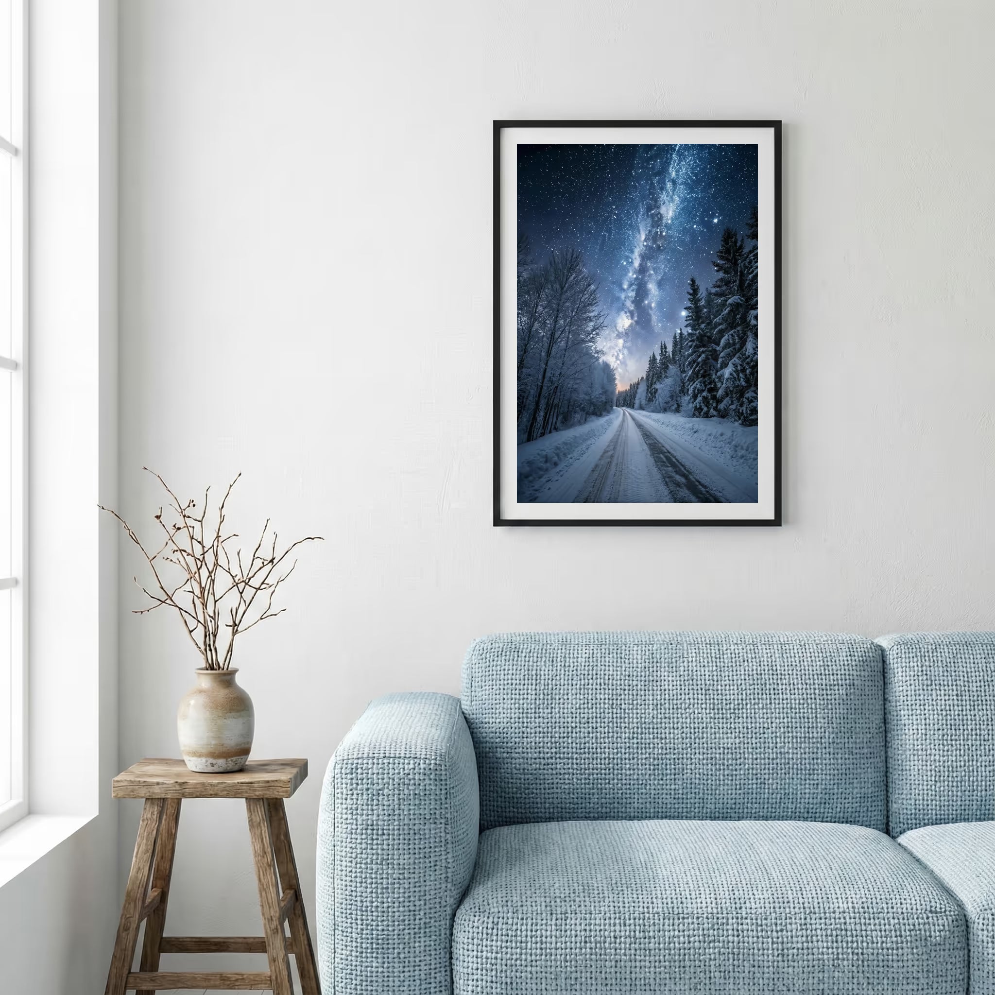 Aerial view of a road through golden trees lit by streaming morning sunbeams — framed canvas wall art in a wooden frame, 16×24 in