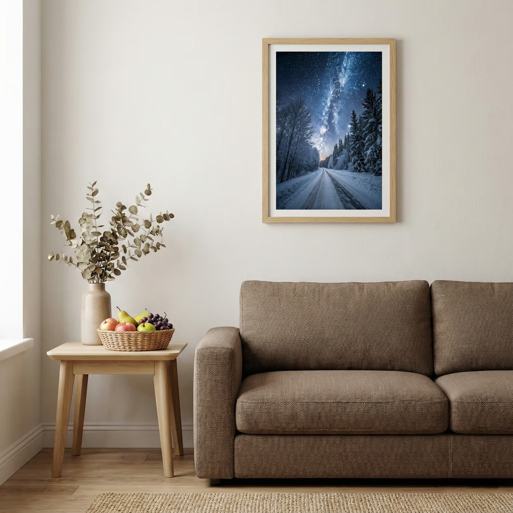 Aerial view of a road through golden trees lit by streaming morning sunbeams — wooden-frame wall art print, 20×30 in