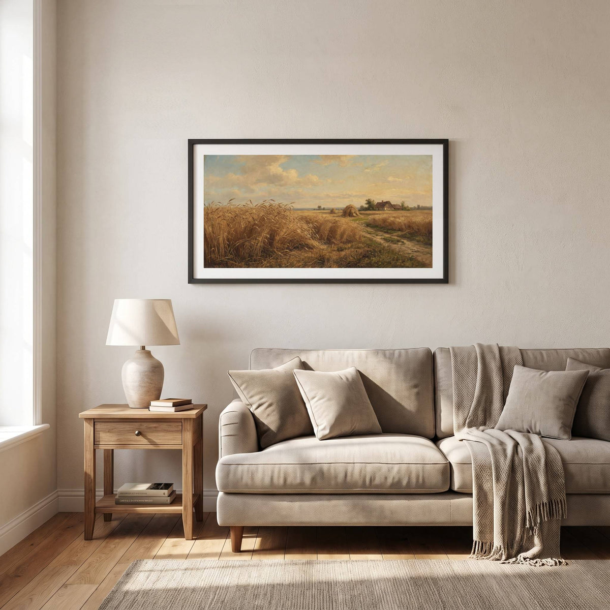 Vintage landscape painting of a golden wheat field with a distant farmhouse — framed vintage painting.
