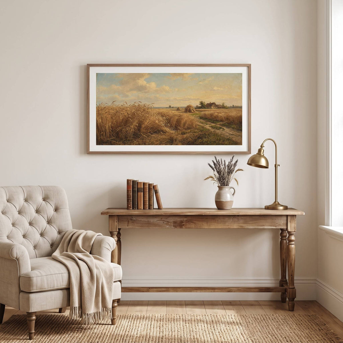 Vintage landscape painting of a golden wheat field with a distant farmhouse — framed vintage painting.