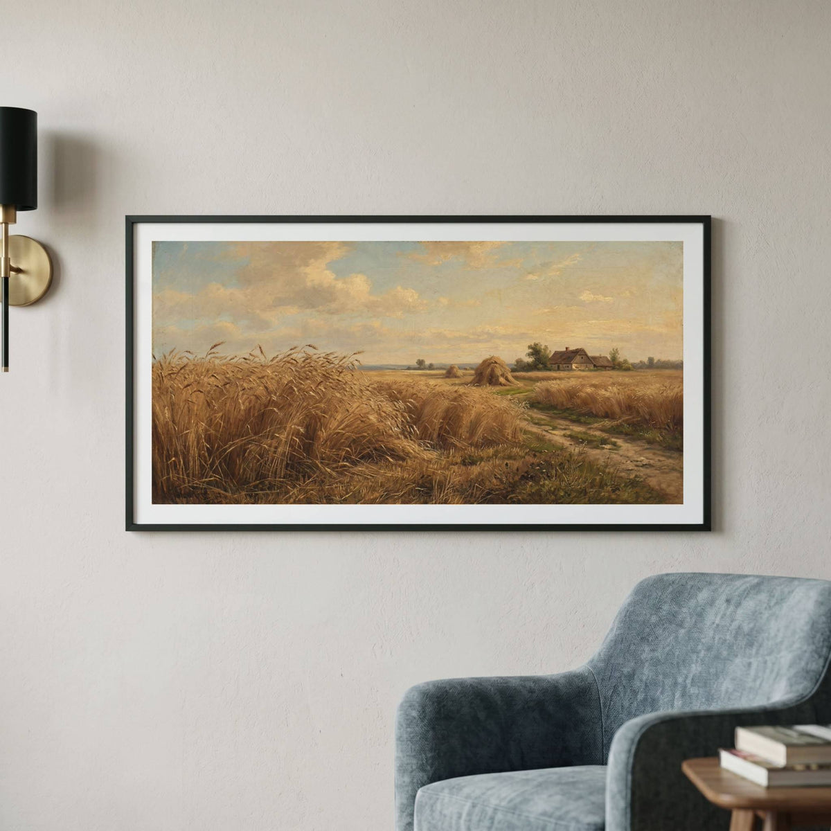 Vintage landscape painting of a golden wheat field with a distant farmhouse — framed vintage painting.