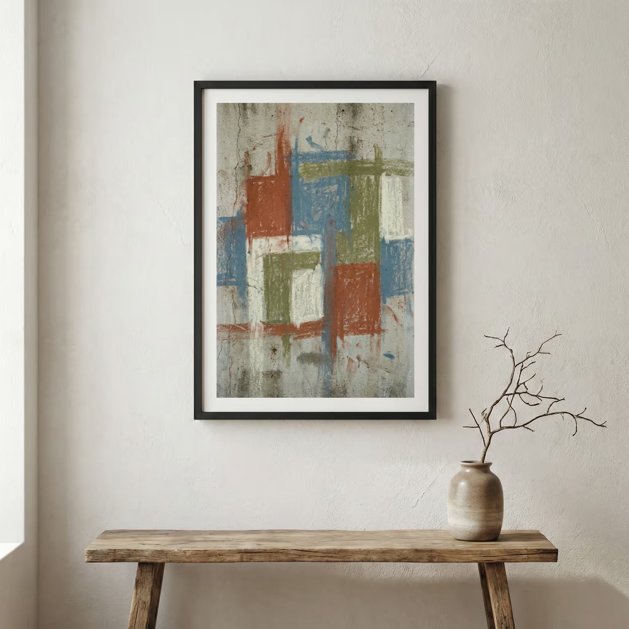 Muted Terracotta Geometric Abstract canvas wall art in a framed room setting