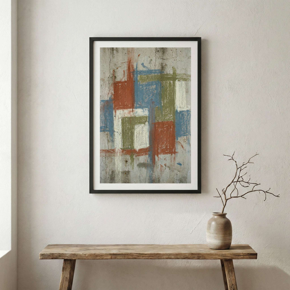 Muted Terracotta Geometric Abstract canvas wall art in a framed room setting