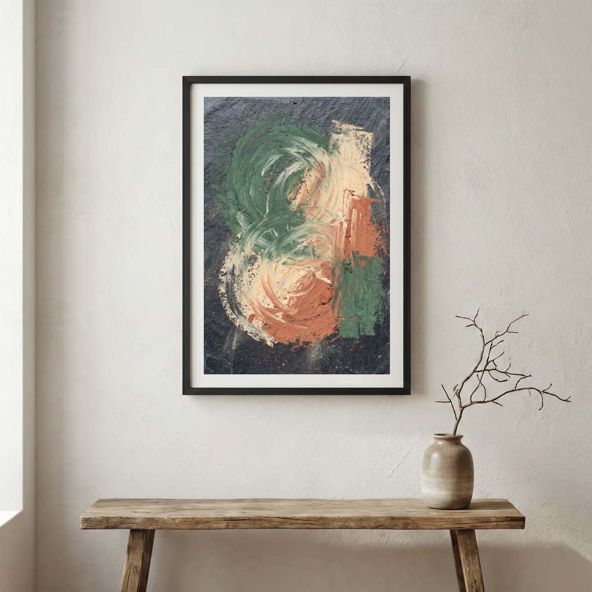 Green Coral Botanical Abstract canvas wall art in a framed room setting