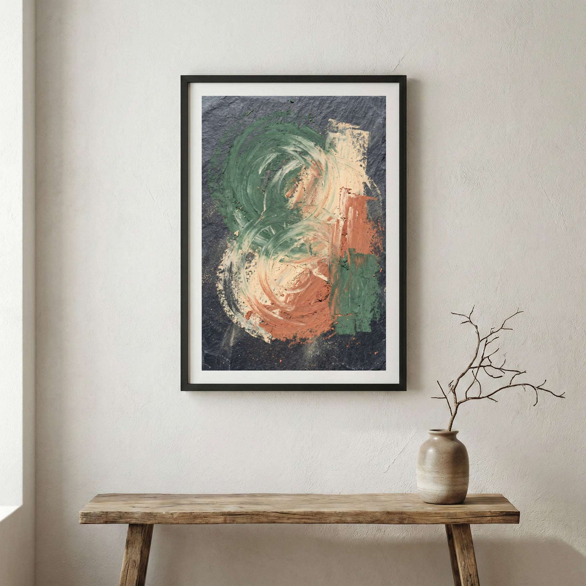 Green Coral Botanical Abstract canvas wall art in a framed room setting