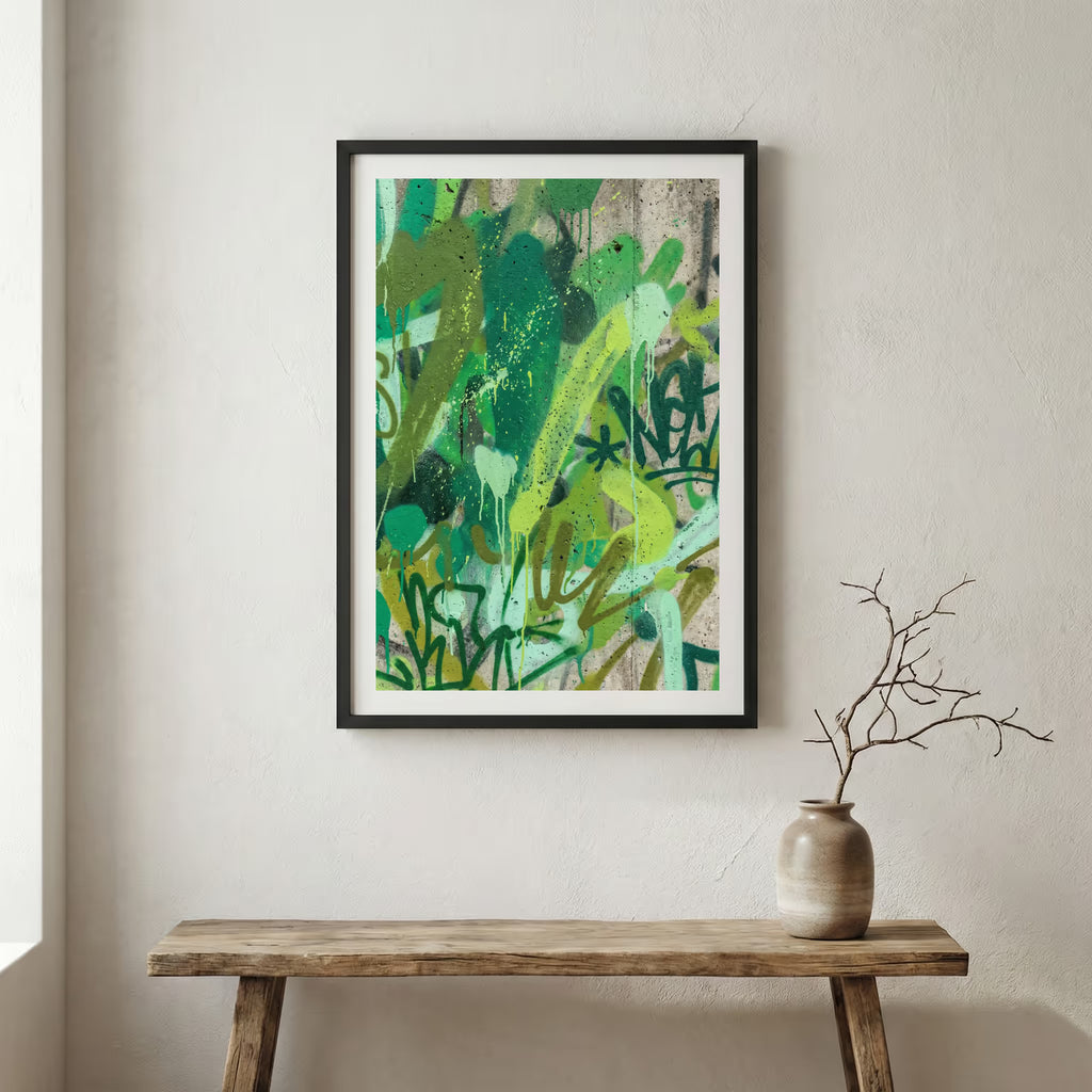 Green Blue Botanical Abstract canvas wall art in a framed room setting