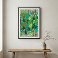 Green Orange Expressive Abstract canvas wall art in a framed room setting