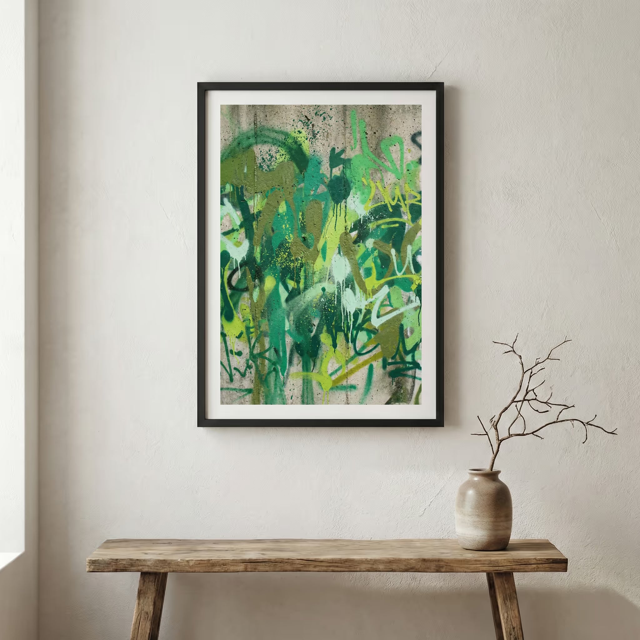 Green Botanical Abstract canvas wall art in a framed room setting