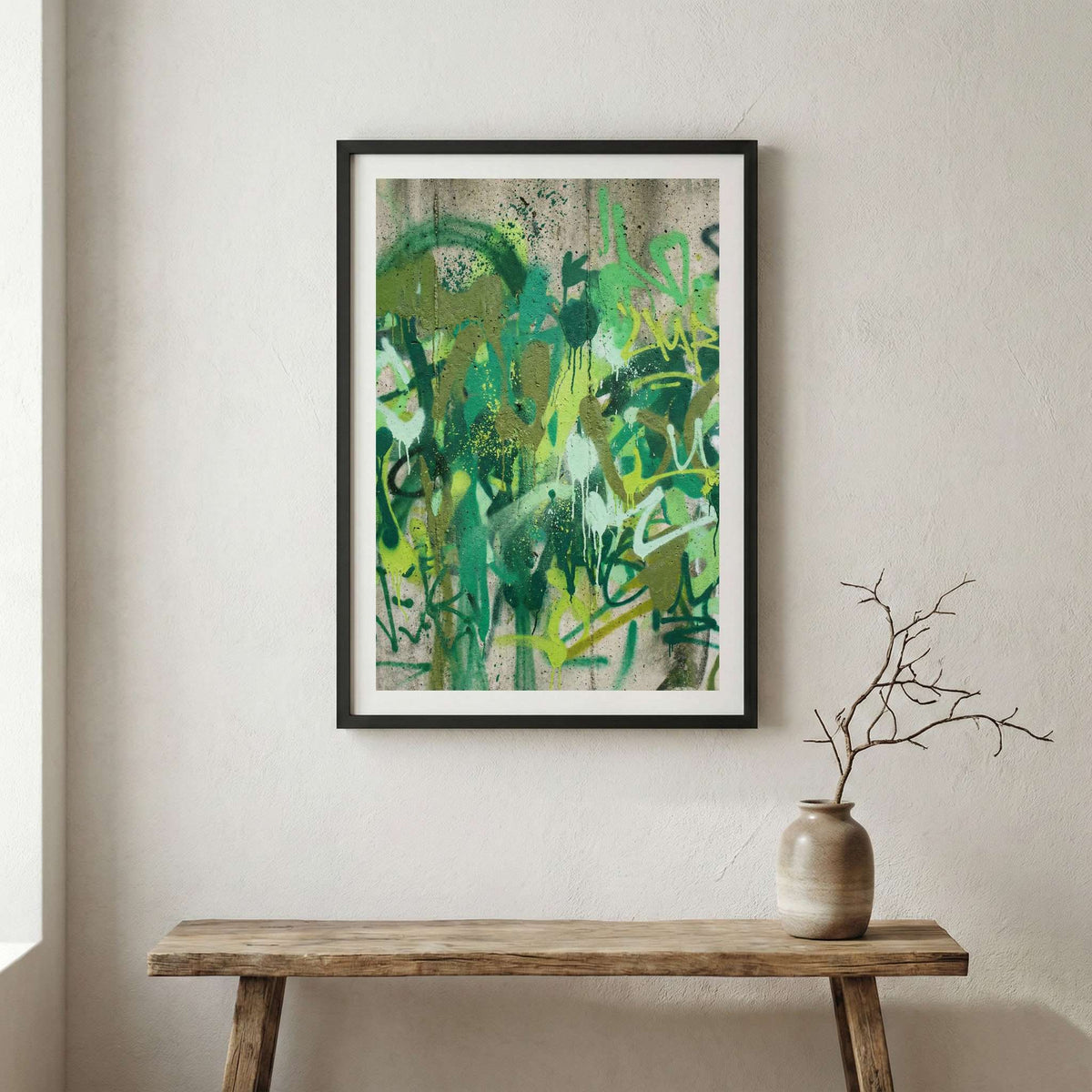 Green Botanical Abstract canvas wall art in a framed room setting