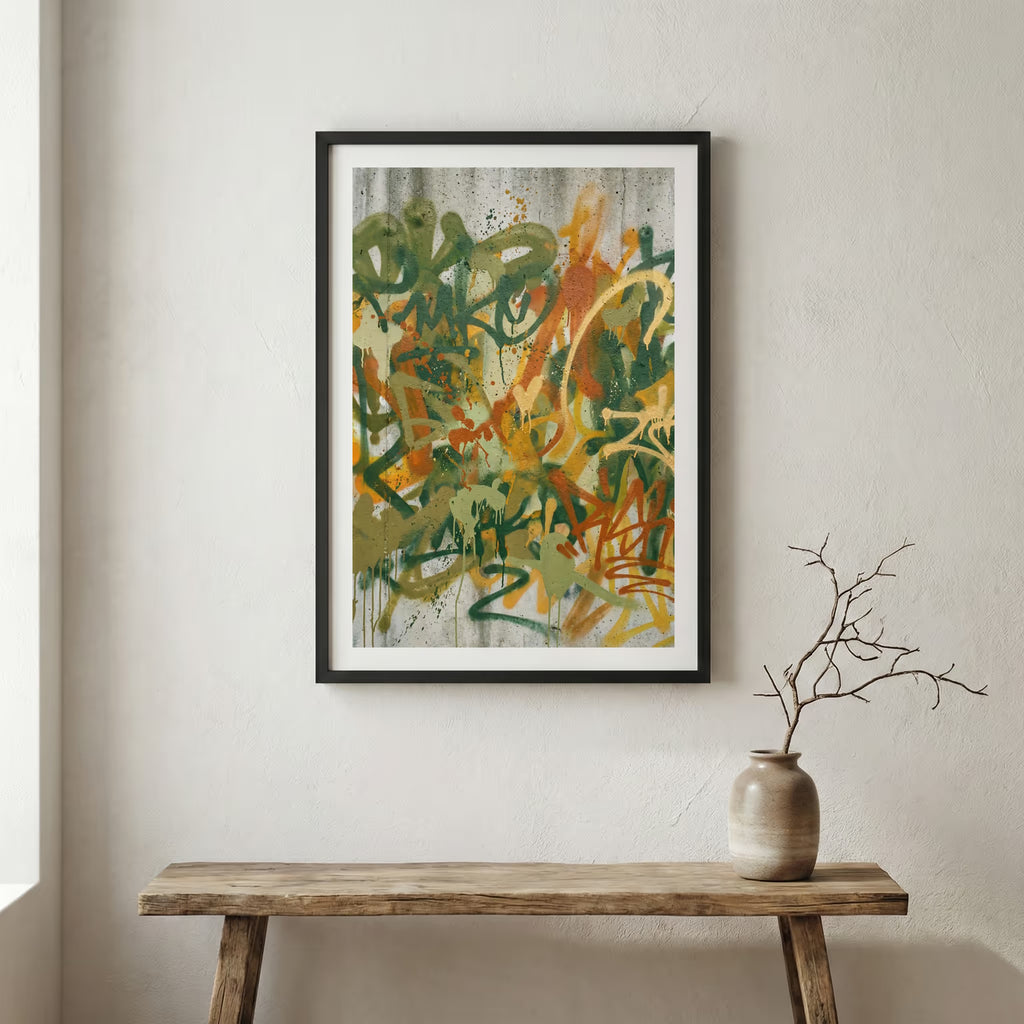 Green Gold Orange Botanical Abstract canvas wall art in a framed room setting