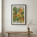 Green Gold Orange Botanical Abstract canvas wall art in a framed room setting