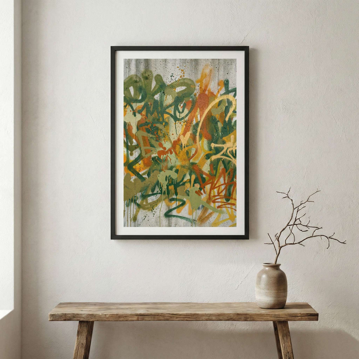 Green Gold Orange Botanical Abstract canvas wall art in a framed room setting