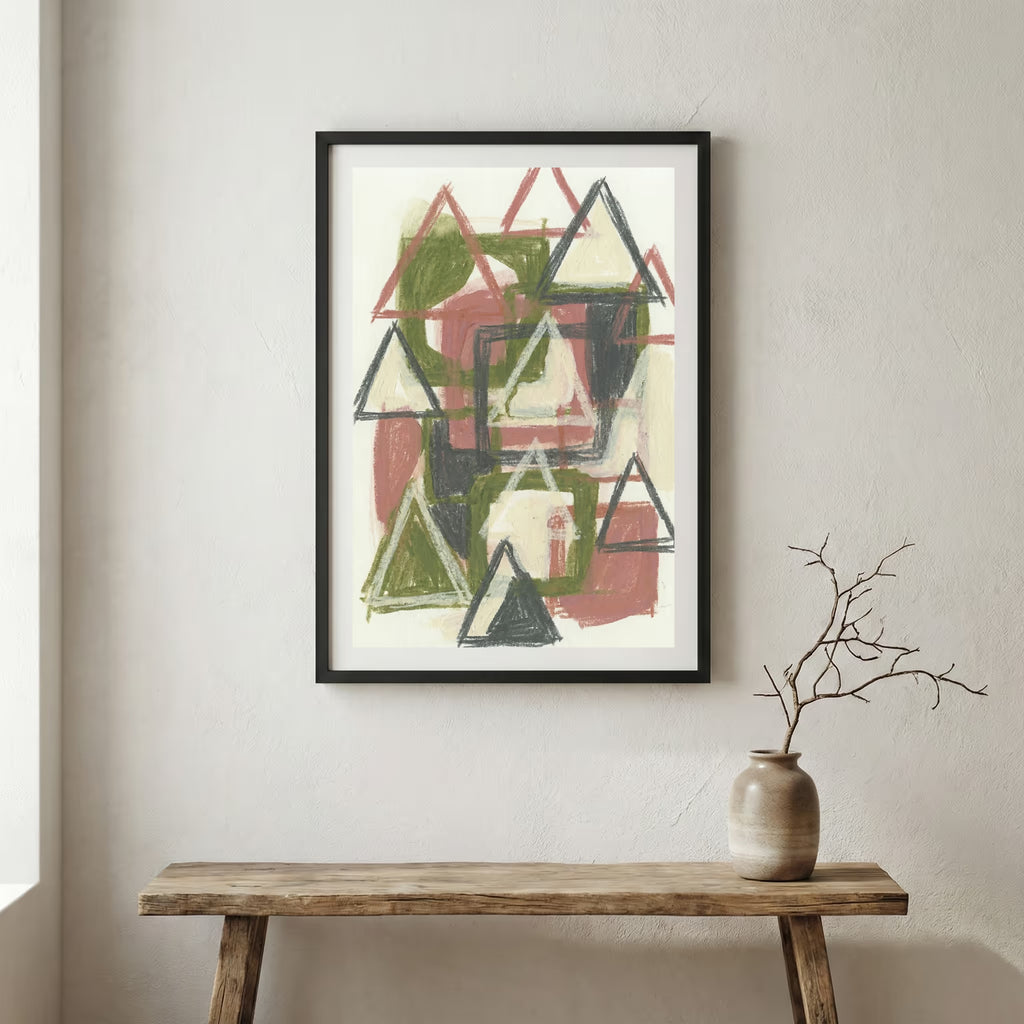 Green Terracotta Triangle Abstract canvas wall art in a framed room setting