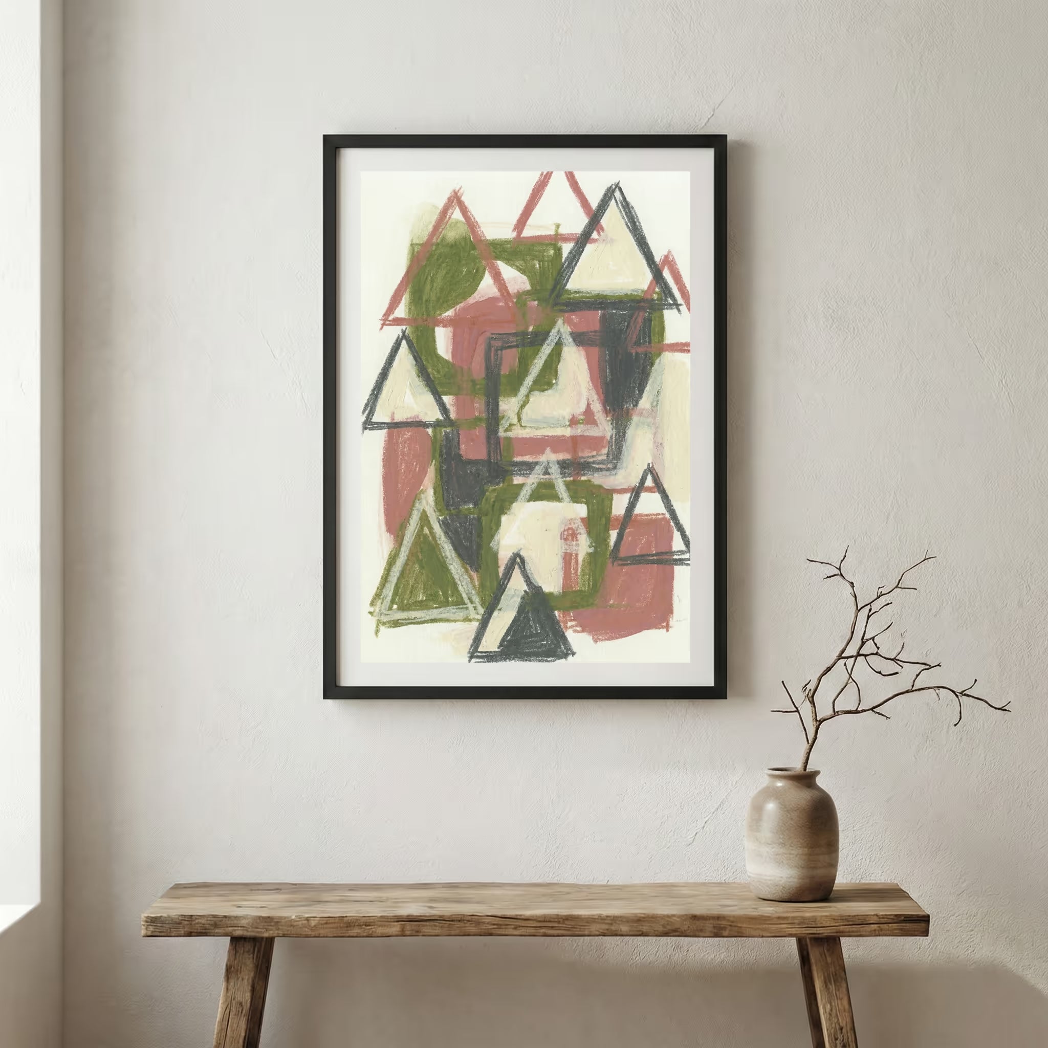 Green Terracotta Triangle Abstract canvas wall art in a framed room setting