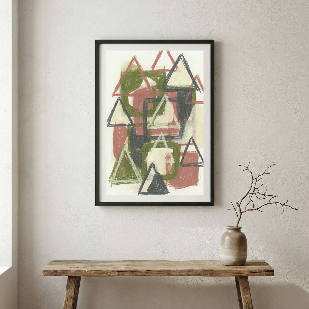 Green Terracotta Triangle Abstract canvas wall art in a framed room setting