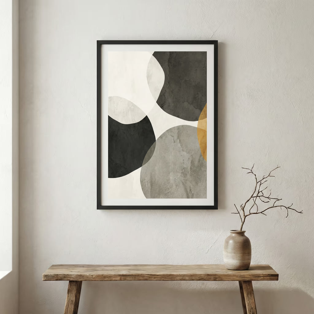 Black Beige Gray Organic Abstract canvas wall art in a framed room setting