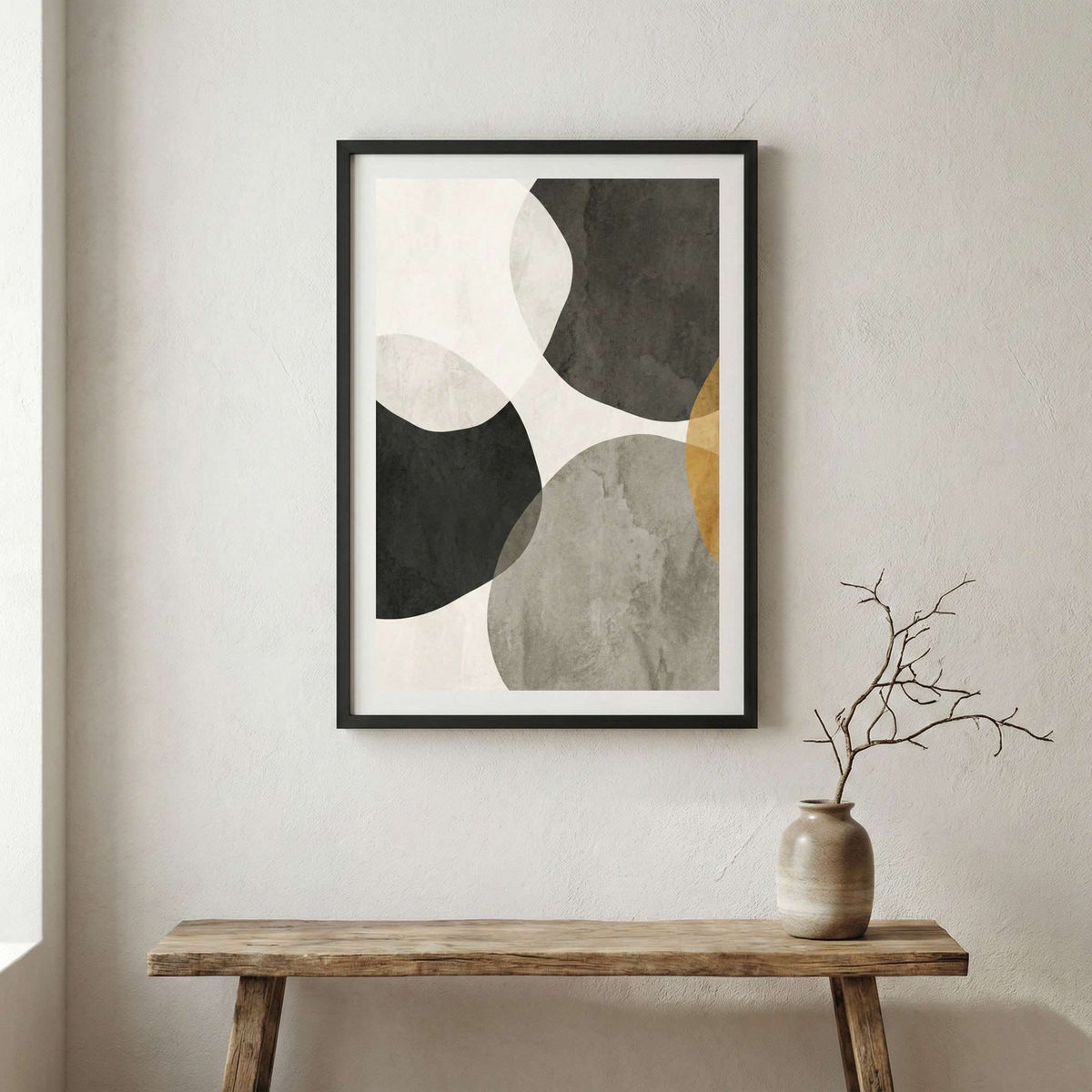 Black Beige Gray Organic Abstract canvas wall art in a framed room setting