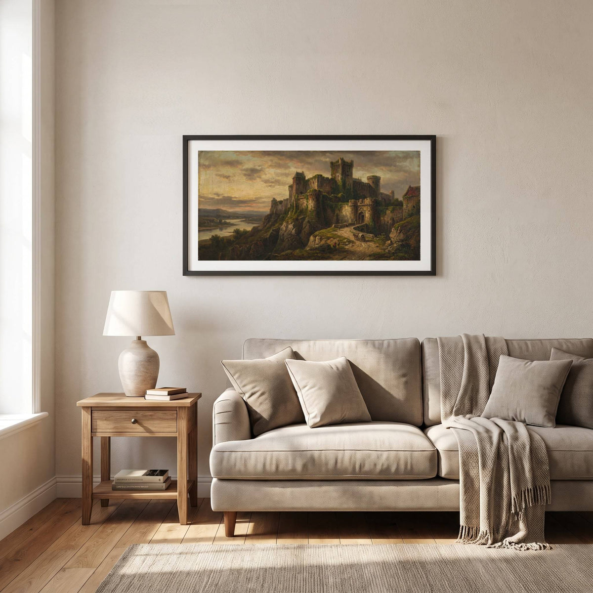 Vintage landscape painting of a hilltop castle ruin overlooking water at dusk — framed vintage painting.