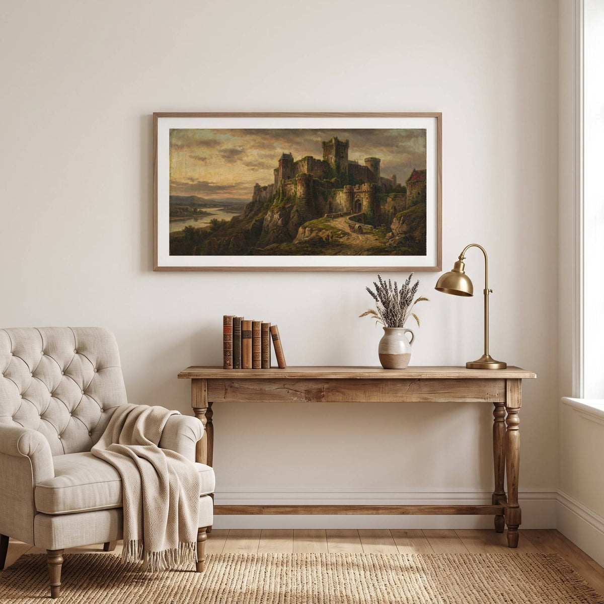 Vintage landscape painting of a hilltop castle ruin overlooking water at dusk — framed vintage painting.