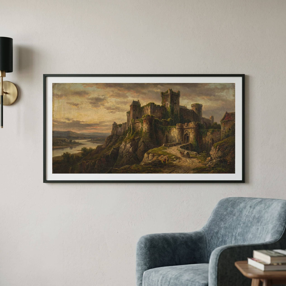 Vintage landscape painting of a hilltop castle ruin overlooking water at dusk — framed vintage painting.