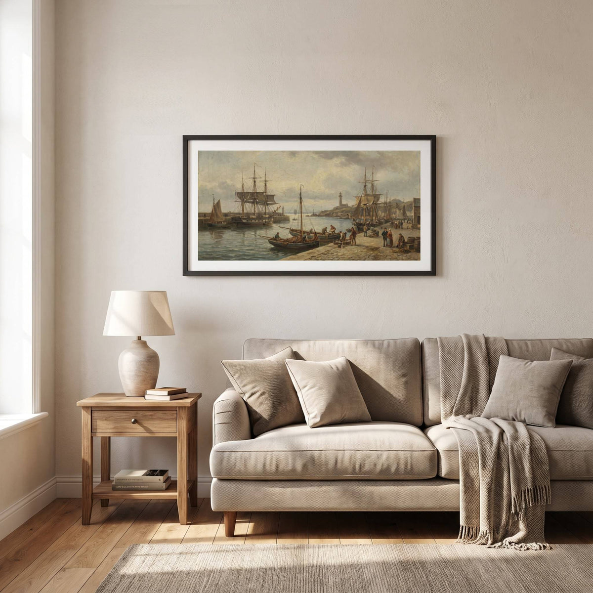 Vintage maritime painting of sailing ships and figures along a historic harbor — framed vintage painting.