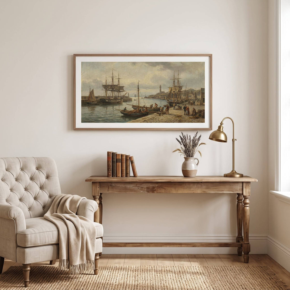 Vintage maritime painting of sailing ships and figures along a historic harbor — framed vintage painting.