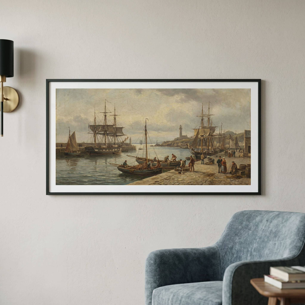 Vintage maritime painting of sailing ships and figures along a historic harbor — framed vintage painting.