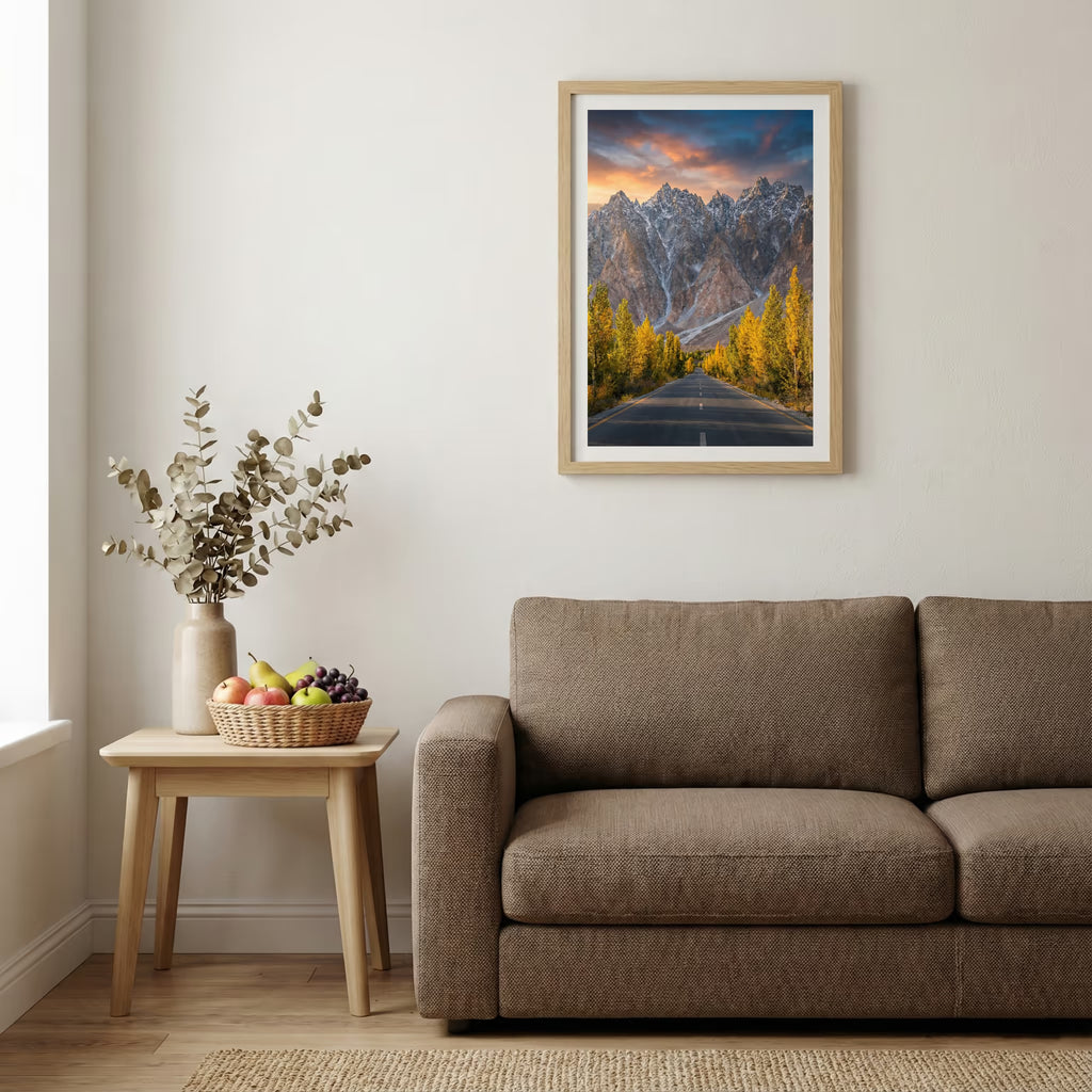 Historic wooden building with an ornate spired tower amid golden poplar trees — wooden-frame wall art print, 20×30 in