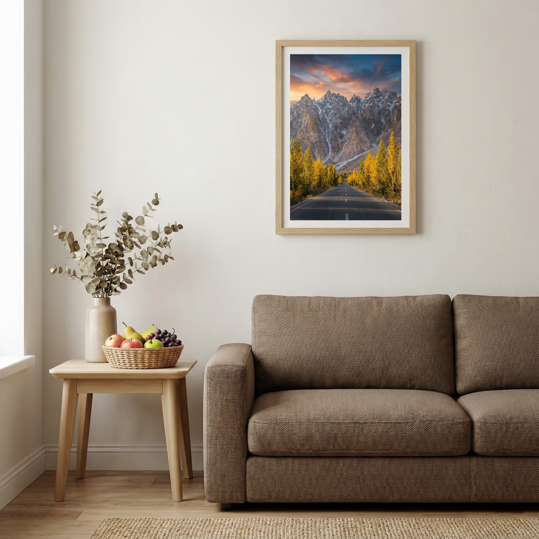 Historic wooden building with an ornate spired tower amid golden poplar trees — wooden-frame wall art print, 20×30 in