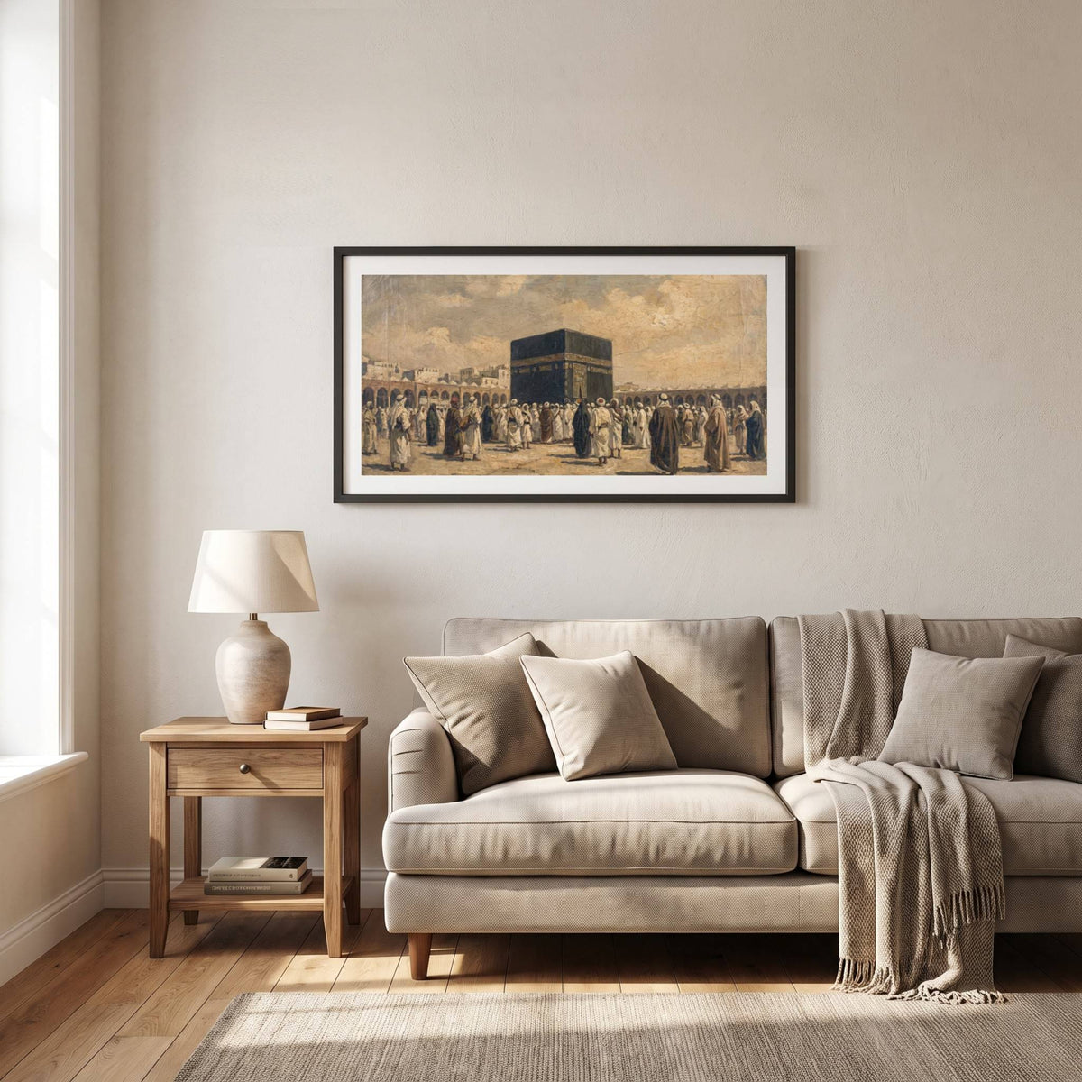 Vintage-style painting of pilgrims gathered in prayer around the Kaaba in Mecca — framed vintage painting.