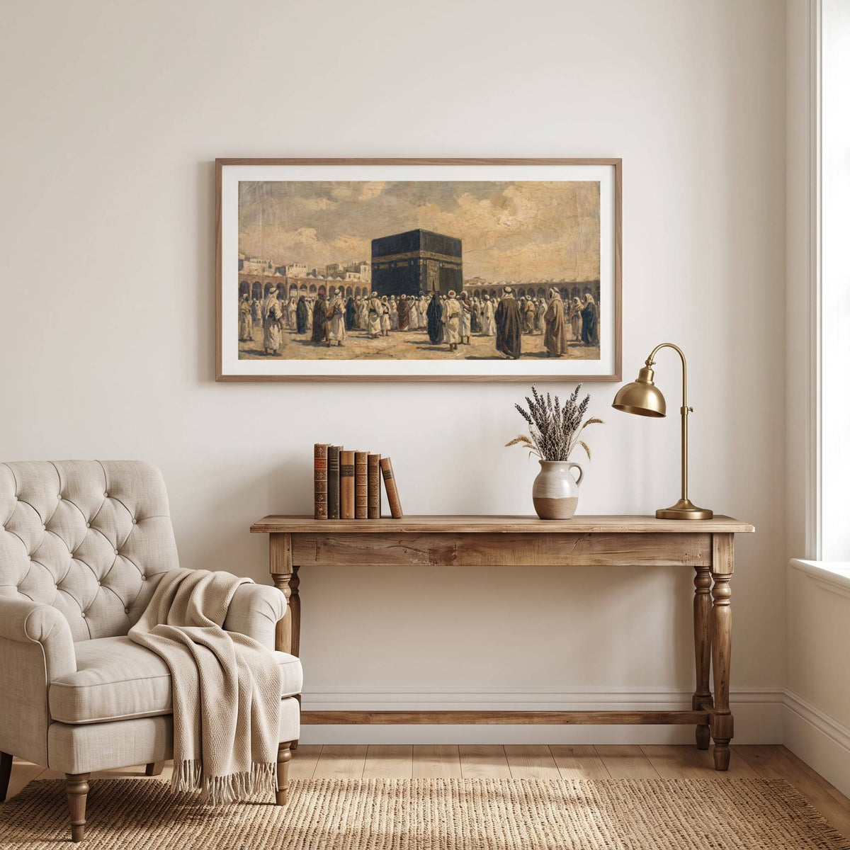 Vintage-style painting of pilgrims gathered in prayer around the Kaaba in Mecca — framed vintage painting.